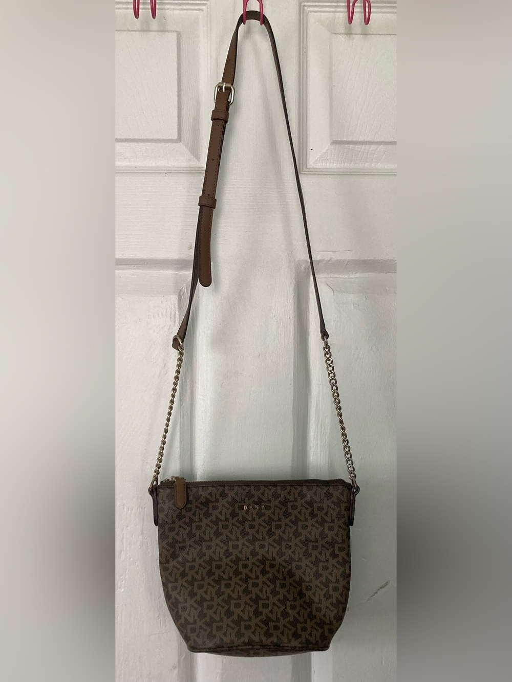DKNY Brown Monogram Crossbody with Gold Chain